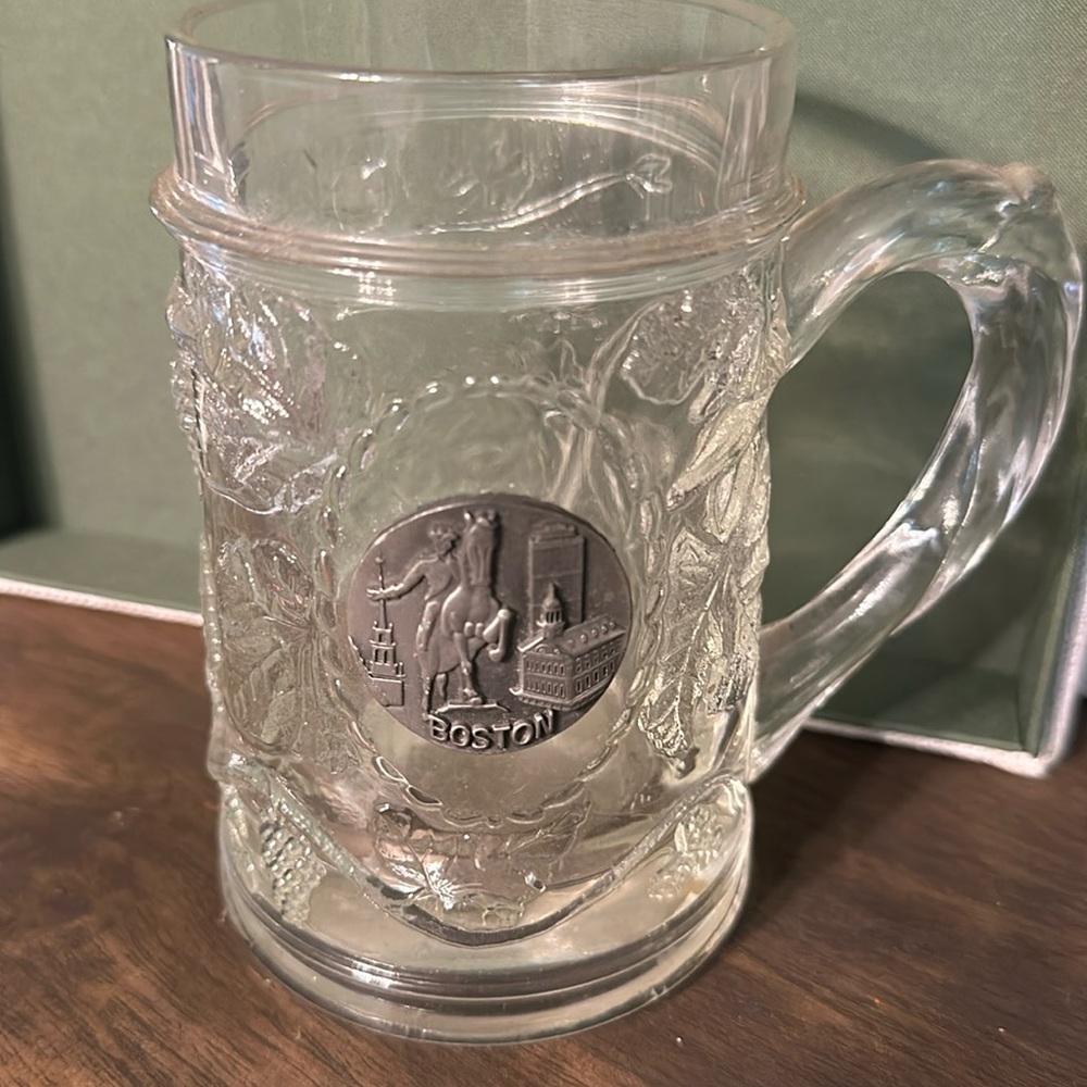 Pewter Boston Medallion Clear Glass Beer Tankard Coffee Mug Etched Design